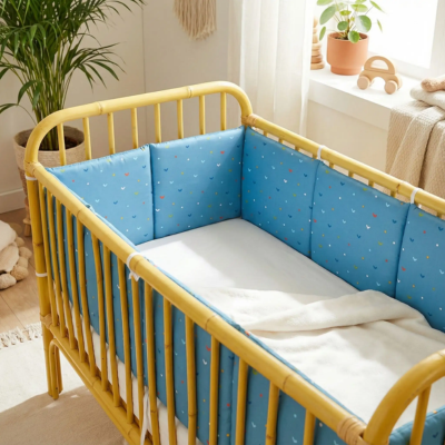 tour de lit bebe bleu teinte douce